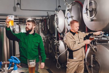 Olgun adam bira zanaat bira kalitesi inceleyerek. Bira kontrol alkol üretim fabrikasında çalışan Müfettiş. Fıçı bira kalite kontrolü kontrol damıtım erkekte.