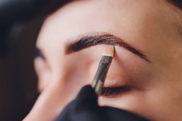 Esteticista-artista de maquillaje aplica henna pintura en previamente arrancado, diseño, cejas recortadas en un salón de belleza en la corrección de la sesión. Cuidado profesional de la cara. —  Fotos de Stock