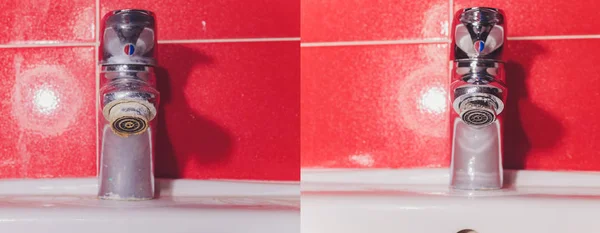 Grifo de agua en detalle con cal cerrar baño sucio Grifo calcificado. reparaciones grifo aireador limpieza con limpiador de vapor antes y después del procedimiento —  Fotos de Stock
