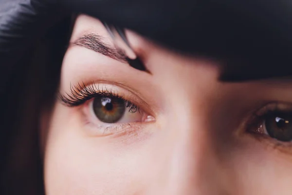 Beaucian- make-up kunstenaar brengt verf henna op eerder geplukt, ontwerp, getrimde wenkbrauwen in een schoonheidssalon in de sessie correctie. Professionele verzorging van het gezicht. — Stockfoto