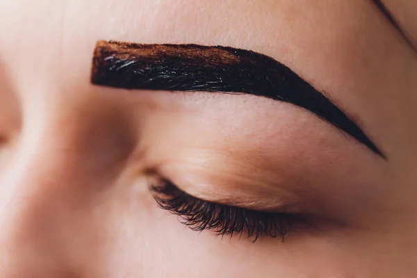 Esthéticienne maquilleuse applique de la peinture au henné sur des sourcils préalablement arrachés, design, taillés dans un salon de beauté lors de la correction de session. Soins professionnels pour le visage. — Photo