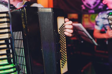 Görüntü üzerinde akordeon closeup oynarken müzisyen.