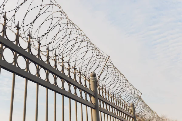 Rusty barbed wire fence in sunny day. — Stock Photo, Image