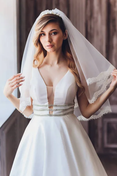 Belle mariée en robe de mariée et voile. portrait de mode de jeune mariée magnifique. Robe de mariée . Image En Vente