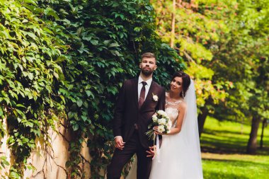 mutlu gelin ve Damat Düğün günü üzerinde bir park.