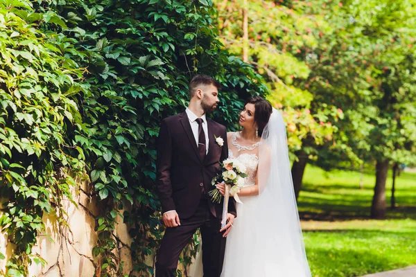 Novia y novio felices en un parque el día de su boda . — Foto de Stock