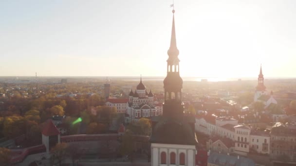 View top on historic centre of Tallinn in the Estonia. Red roofs of the old houses of the European city Tallinn. The ancient architecture. Roof with wings. — Stock Video