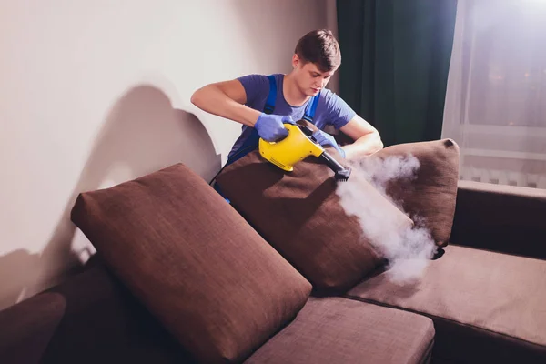 Dry cleaners employee removing dirt from furniture in flat, closeup.