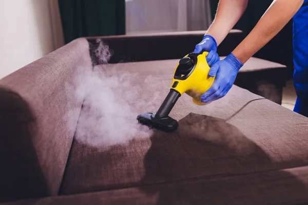 Dry cleaners employee removing dirt from furniture in flat, closeup.