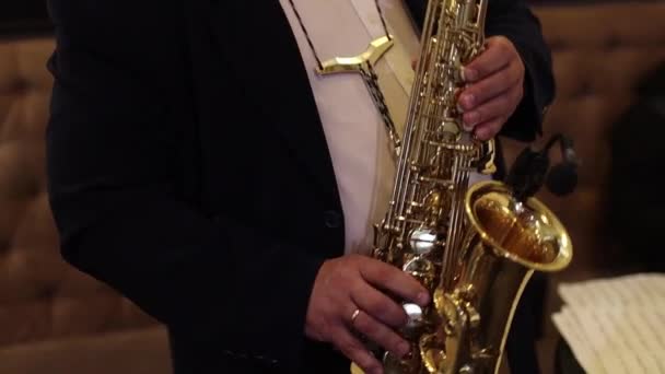 Mężczyzn, grać na saksofonie. Zbliżenie na mężczyzn, grać na saksofonie — Wideo stockowe