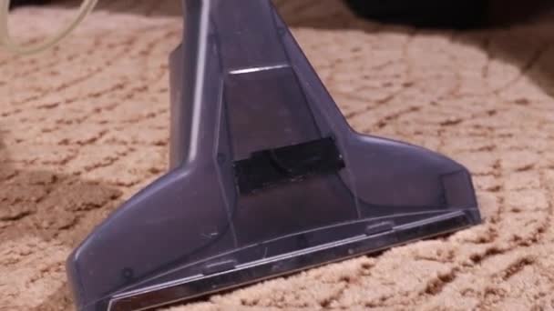 Close up of vacuum cleaner nozzle cleaning carpet at home. — Stock Video