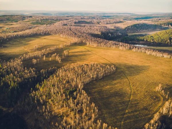 Vue aérienne du dessus de la route de campagne à travers les champs et les forêts en été. Clip. Vue de dessus de la zone forestière avec route . — Photo