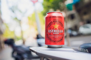 Barcelona, Spain - May 27, 2018: Maybe Estrella Damm beer. Estrella Damm - Pilsner beer brewed in Barcelona, Catalonia, Spain.