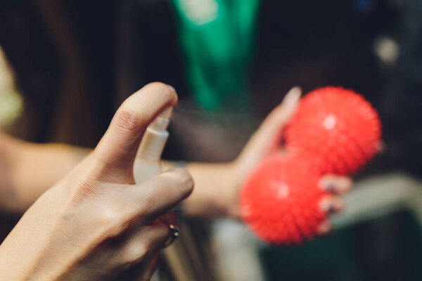 Coronavirus disinfectants, Microscope virus close up, asian flu outbreak, Coronavirus 2019-nCoV, Corona virus outbreaking, virus Respiratory, Hygiene concept, Coronavirus disinfectants. Spray bottle.