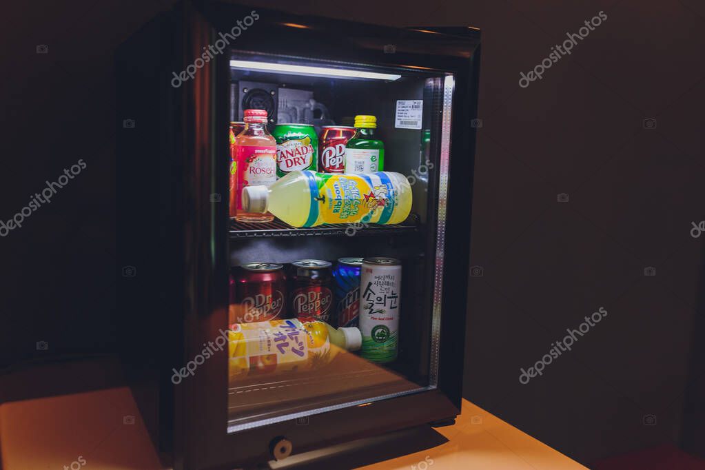 Ufa, Russia, Soda Shop, 3 July, 2019: Grocery store shelf with various brands of soda in cans. Pepsi Co is one of the largest corporations in the non-alcoholic beverage industry