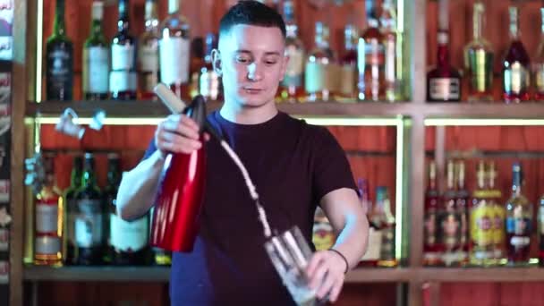 Guapo barman profesional en elegante bar haciendo bebidas de cóctel . — Vídeo de stock