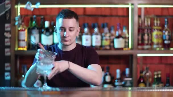 Handsome Barmann Professional an der noblen Bar macht Cocktail-Drinks. — Stockvideo