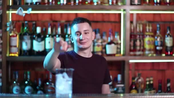 Beau barman professionnel au bar chic qui prépare des cocktails . — Video