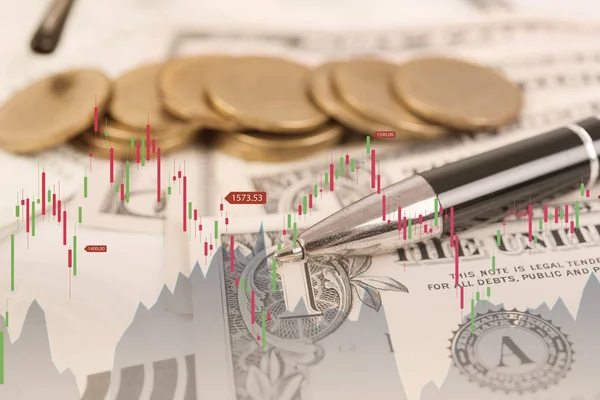 Double exposure stock graph and dollar coin money. — Stock Photo, Image