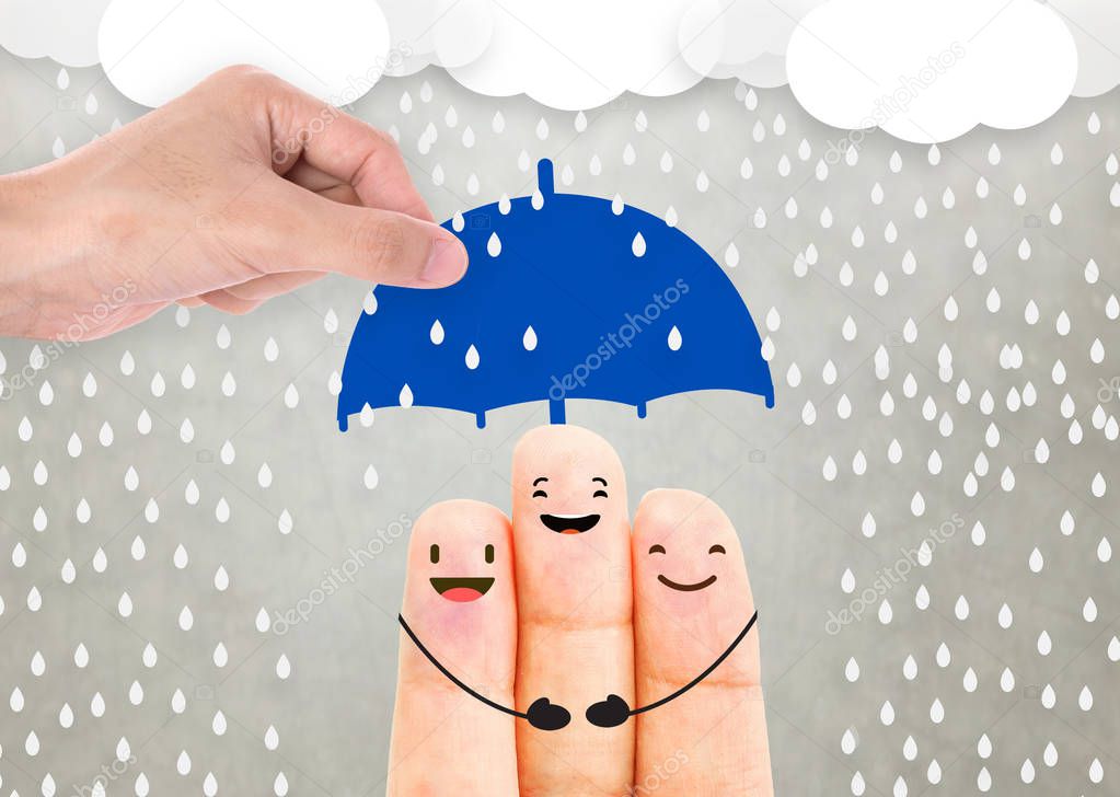 salesman agent hand holding umbrella protection family. 