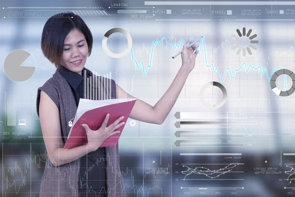 Businesswomen holding document and writing graph digital — Stock Photo, Image