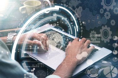 Bilgisayar teknolojisi dijital çalışma iş adamı el kadar kapatın