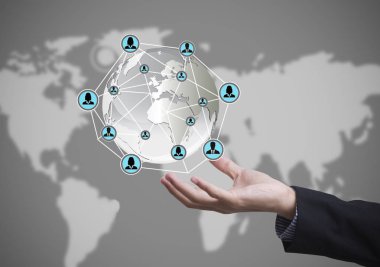 İş el küre simgesi ağ sistemi ile 