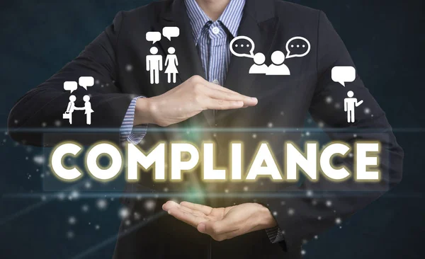 Businessman hand chooses Compliance wording on interface screen. — Stock Photo, Image