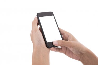 el beyaz izole ekranlı akıllı telefon tutarak 