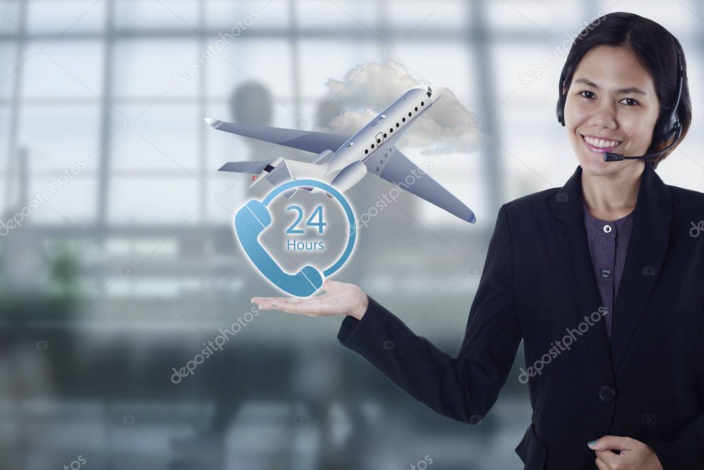 sales person asia happy smiling plane flight travel for customer