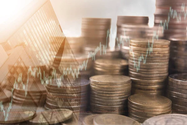 Çift pozlama hisse senedi grafiği ve sikke para. kavram iş 