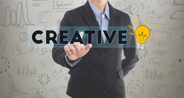 Geschäftsmann Hand drücken Formulierungen kreativ. Zeichen auf virtuell — Stockfoto