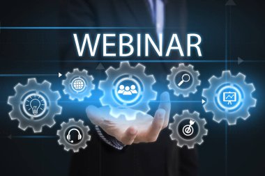 İfadeler webinar tutan işadamı el. sanal ekran üzerinde oturum