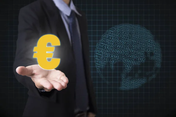 Geschäftsmann mit Euro signalisiert Geld bei globaler Finanzwelt — Stockfoto