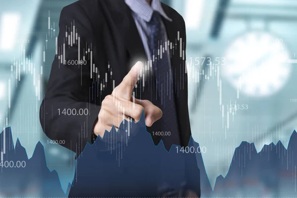 Business hand point Trading Stock Graph Chart página de inicio. inversión —  Fotos de Stock