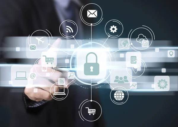 İşadamı el acele düğme veri koruma. Virtua üzerinde oturum