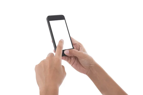 Χέρι εκμετάλλευση οθόνης έξυπνο τηλέφωνο που απομονώνονται σε λευκό φόντο. — Φωτογραφία Αρχείου
