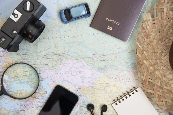 planning vacation with map and accessories. concept travel