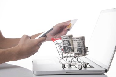 Bilgisayarda Doları para ile alışveriş sepeti. Konsept alışveriş 