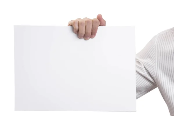 Zakelijke hand met blanco vellen papier voor presentatie reclame — Stockfoto