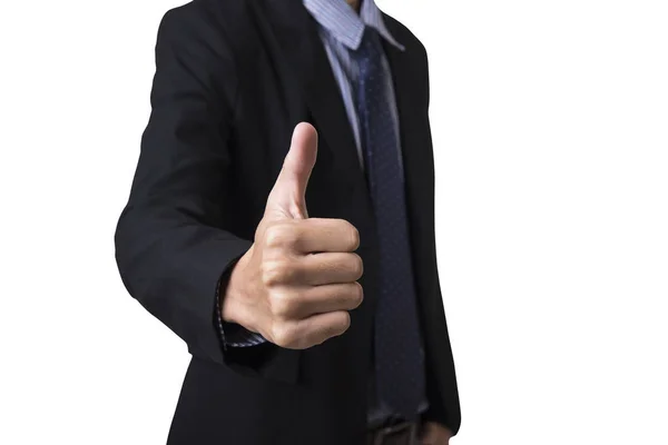 Hombre de negocios mano mostrando pulgar hacia arriba aislado sobre fondo blanco . — Foto de Stock