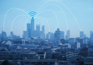 City scape ve sosyal ağ bağlantı teknolojisi. Telekomünikasyon bağlantı kavramı