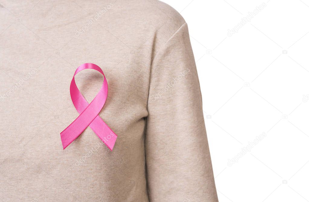 women and pink ribbon breast cancer on white background. with copy space