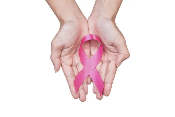 Mulheres Mão Segurando Câncer Mama Fita Rosa Fundo Branco Com — Fotografia de Stock