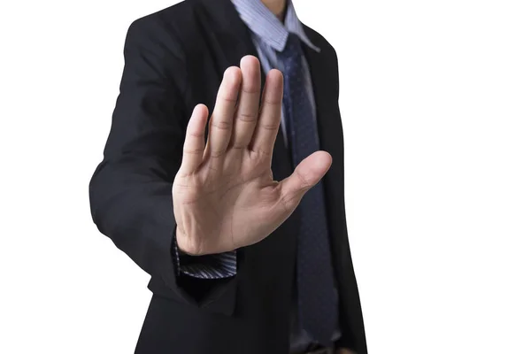 Бизнесмен с рукой показывая жест стоп изолированы на белом — стоковое фото
