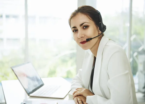 women happy smiling customer support operator with headset. comm