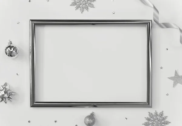 Prepara el marco de felicitación sobre fondo blanco con decoraciones navideñas y confeti. Diseño de la tarjeta de invitación para texto . — Foto de Stock