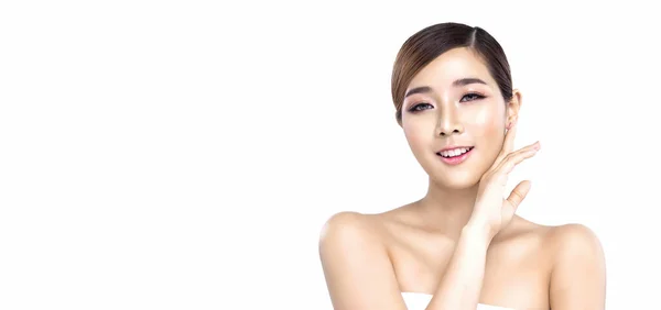 Beleza Jovem Mulher Asiática Com Pele Facial Perfeita Gestos Para — Fotografia de Stock