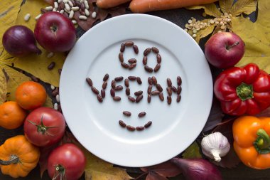 Beyaz git vegan plaka ile çeşitli sebze Üstten Görünüm