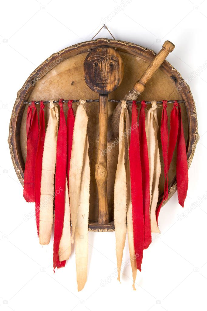 Beautiful copy of old vintage indian tambourine buben drum with drumstick